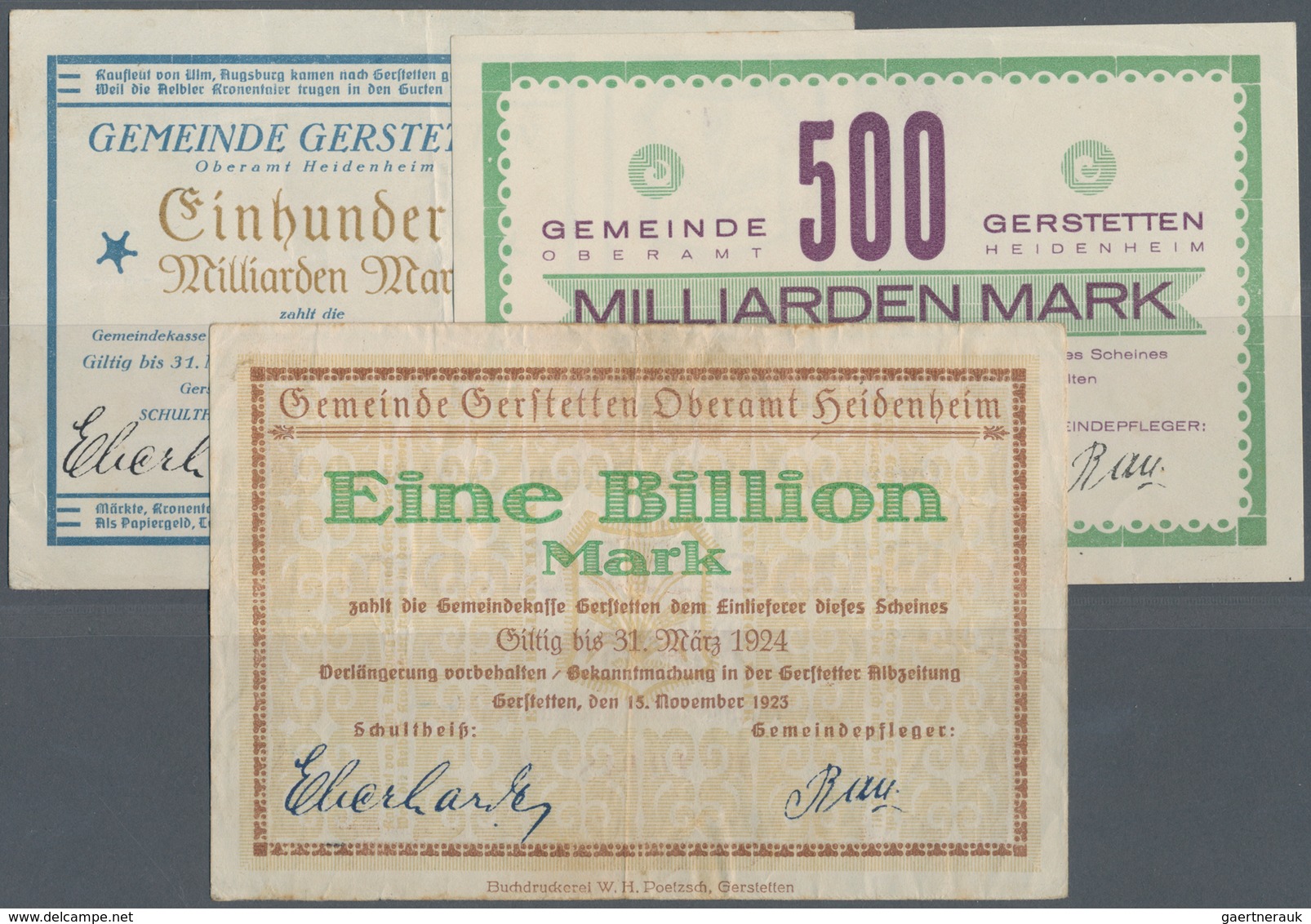 Deutschland - Notgeld - Württemberg: Gerstetten, Gemeinde, 100, 500 Mrd., 1 Billion Mark, 15.11.1923 - Lokale Ausgaben