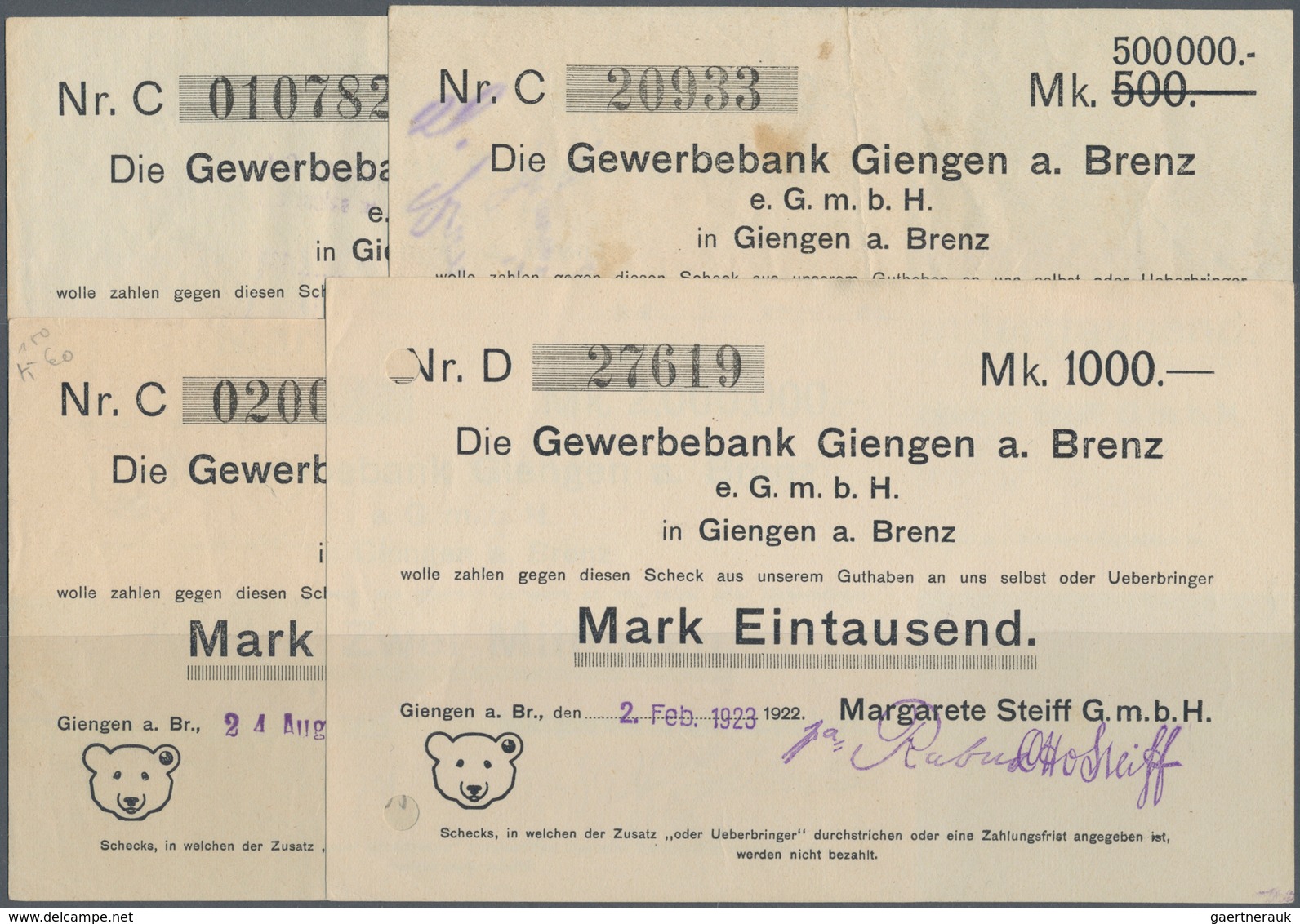 Deutschland - Notgeld - Württemberg: Giengen, Fa. Steiff, 1000 Mark, 2.2.1923; 500 Tsd. Mark, 17.8.1 - Lokale Ausgaben