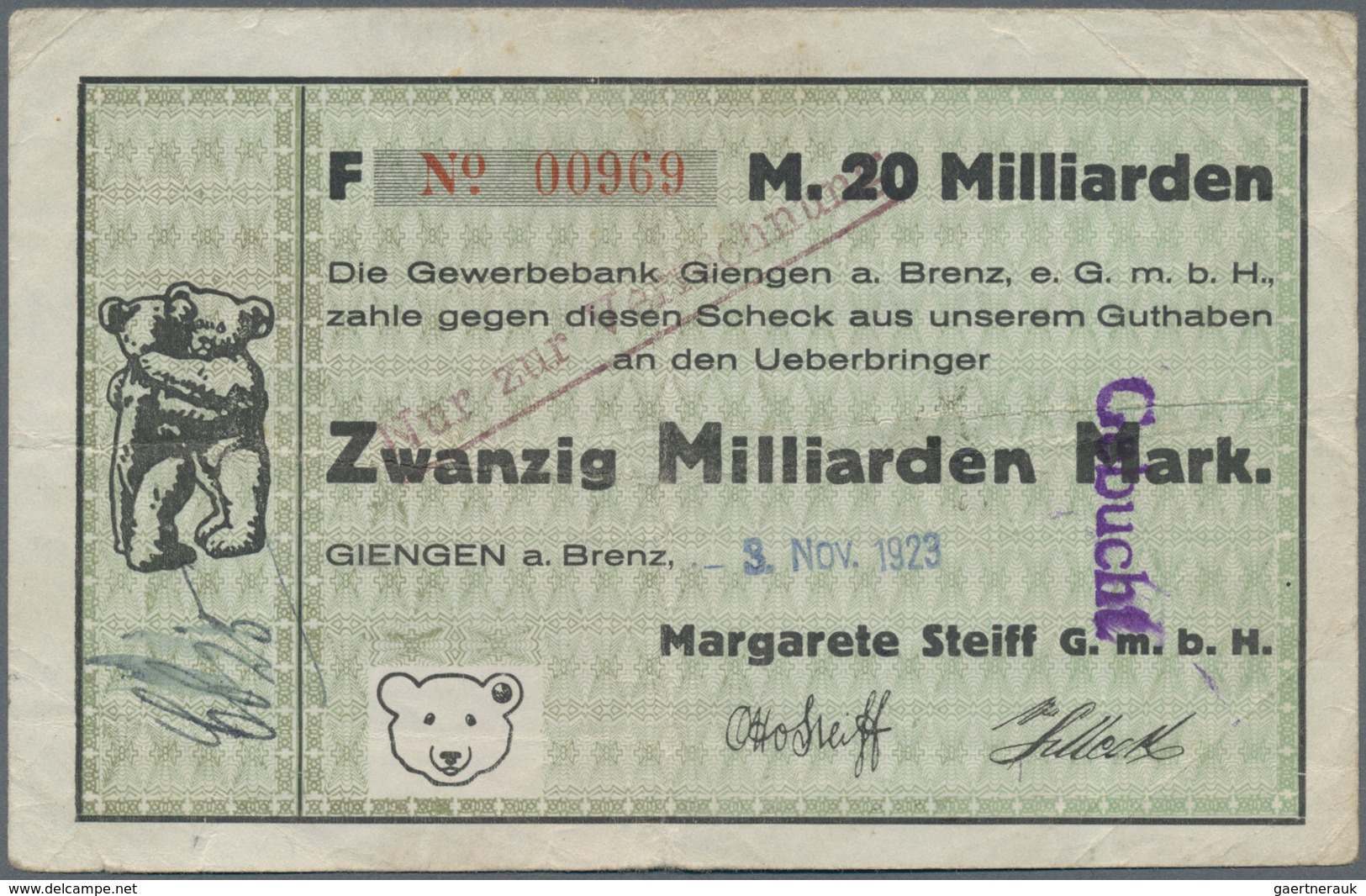 Deutschland - Notgeld - Württemberg: Giengen, Margarete Steiff G.m.b.H., 20 Mrd. Mark, 3.11.1923, Er - Lokale Ausgaben