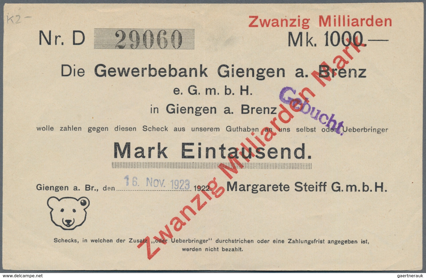 Deutschland - Notgeld - Württemberg: Giengen, Margarete Steiff G.m.b.H., 20 Mrd. Mark, 3.11.1923, Er - Lokale Ausgaben