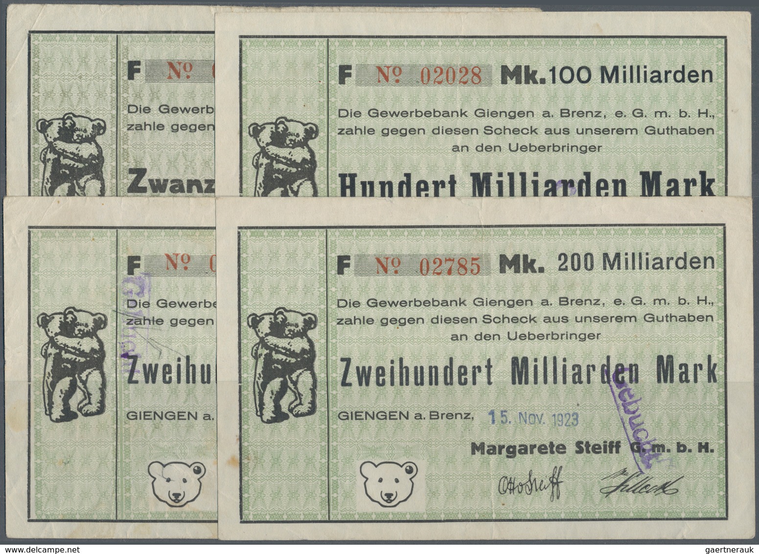 Deutschland - Notgeld - Württemberg: Giengen, Margarete Steiff G.m.b.H., 20 Mrd. Mark, 3.11.1923; 10 - [11] Lokale Uitgaven