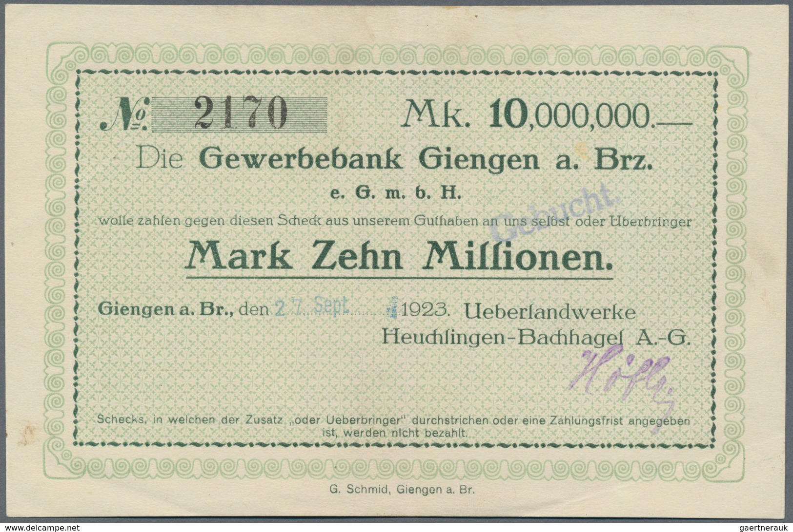 Deutschland - Notgeld - Württemberg: Giengen, Ueberlandwerke Heuchlingen-Bachhagel AG, 10 Mio. Mark, - Lokale Ausgaben