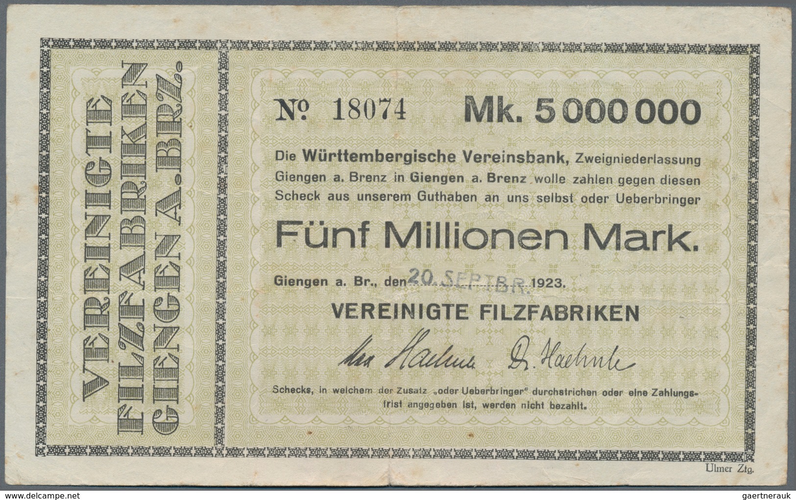 Deutschland - Notgeld - Württemberg: Giengen, Vereinigte Filzfabriken, 5 Mio. Mark, 20.9.1923, Datum - Lokale Ausgaben