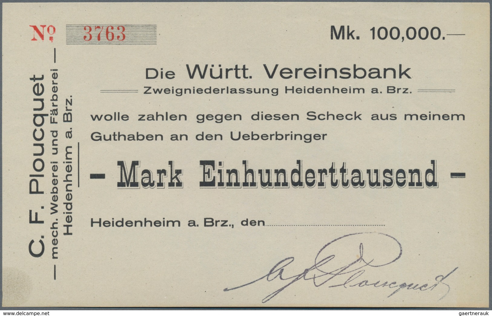 Deutschland - Notgeld - Württemberg: Heidenheim, C. F. Plouquet, 100 Tsd., 1 Mio. Mark, Schecks Auf - Lokale Ausgaben