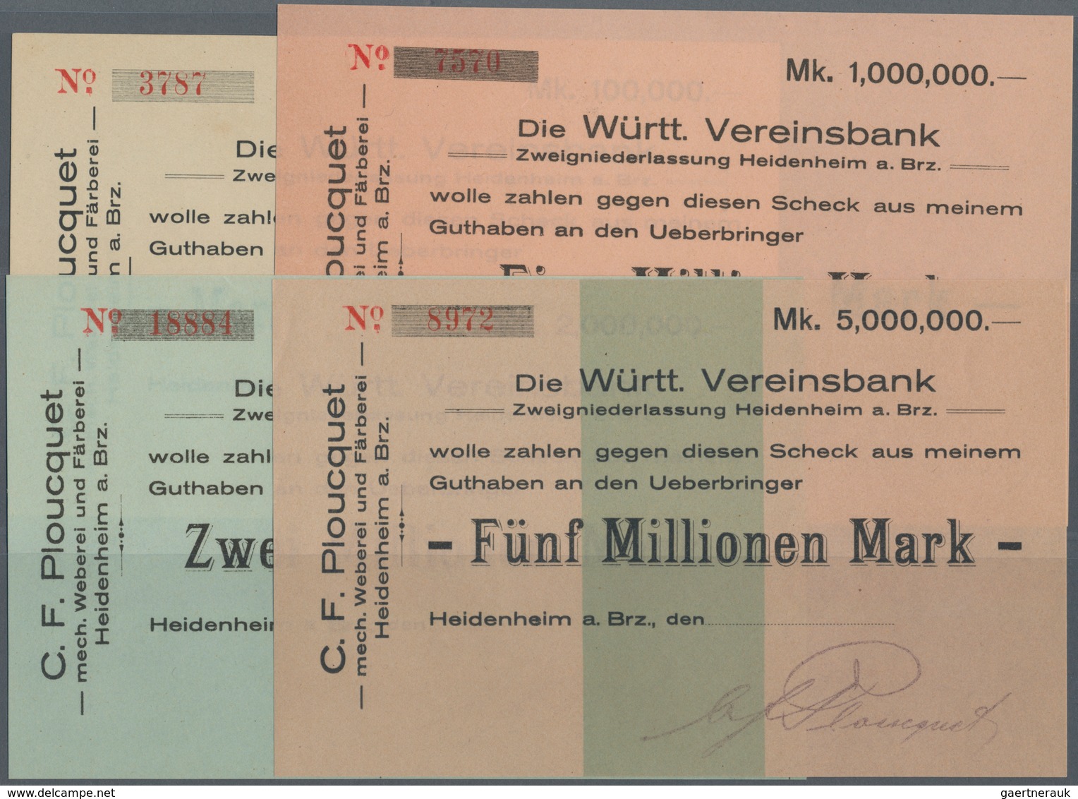 Deutschland - Notgeld - Württemberg: Heidenheim, C. F. Plouquet, 100 Tsd., 1, 2, 5 Mio. Mark; Scheck - Lokale Ausgaben