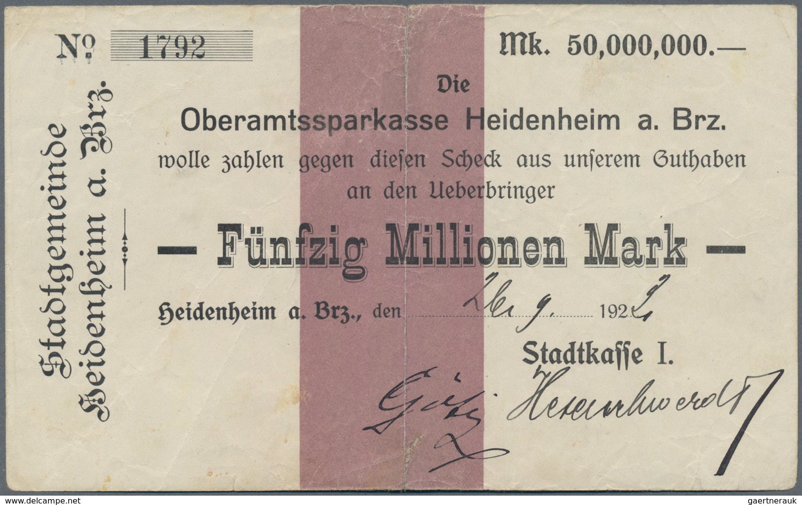 Deutschland - Notgeld - Württemberg: Heidenheim, Stadtkasse, 50 Mio. Mark, 26.9.1923, Datum Handschr - [11] Lokale Uitgaven