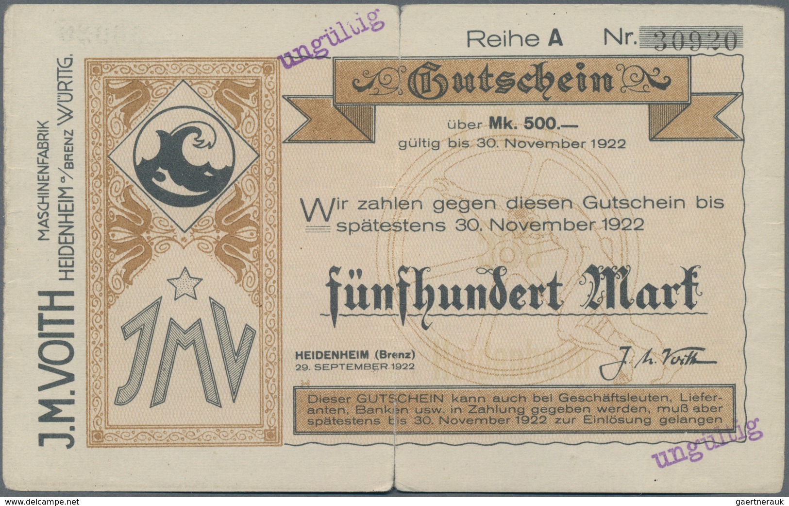 Deutschland - Notgeld - Württemberg: Heidenheim, J. M. Voith, 500 Mark, 29.9.1922, Erh. IV; 50 Mrd. - Lokale Ausgaben