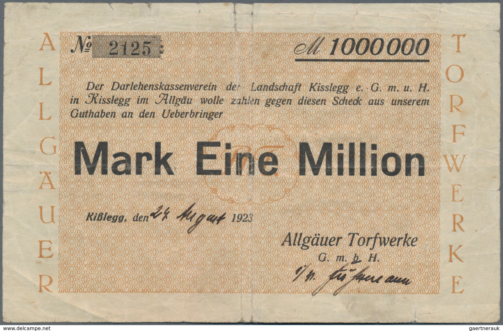 Deutschland - Notgeld - Württemberg: Kißlegg, Allgäuer Torfwerke, 1 Mio. Mark, 24.8.1923, Erh. IV - [11] Lokale Uitgaven