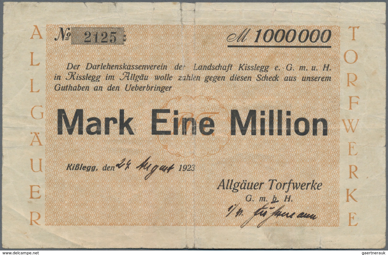 Deutschland - Notgeld - Württemberg: Kißlegg, Allgäuer Torfwerke, 1 Mio. Mark, 24.8.1923, Erh. IV - Lokale Ausgaben