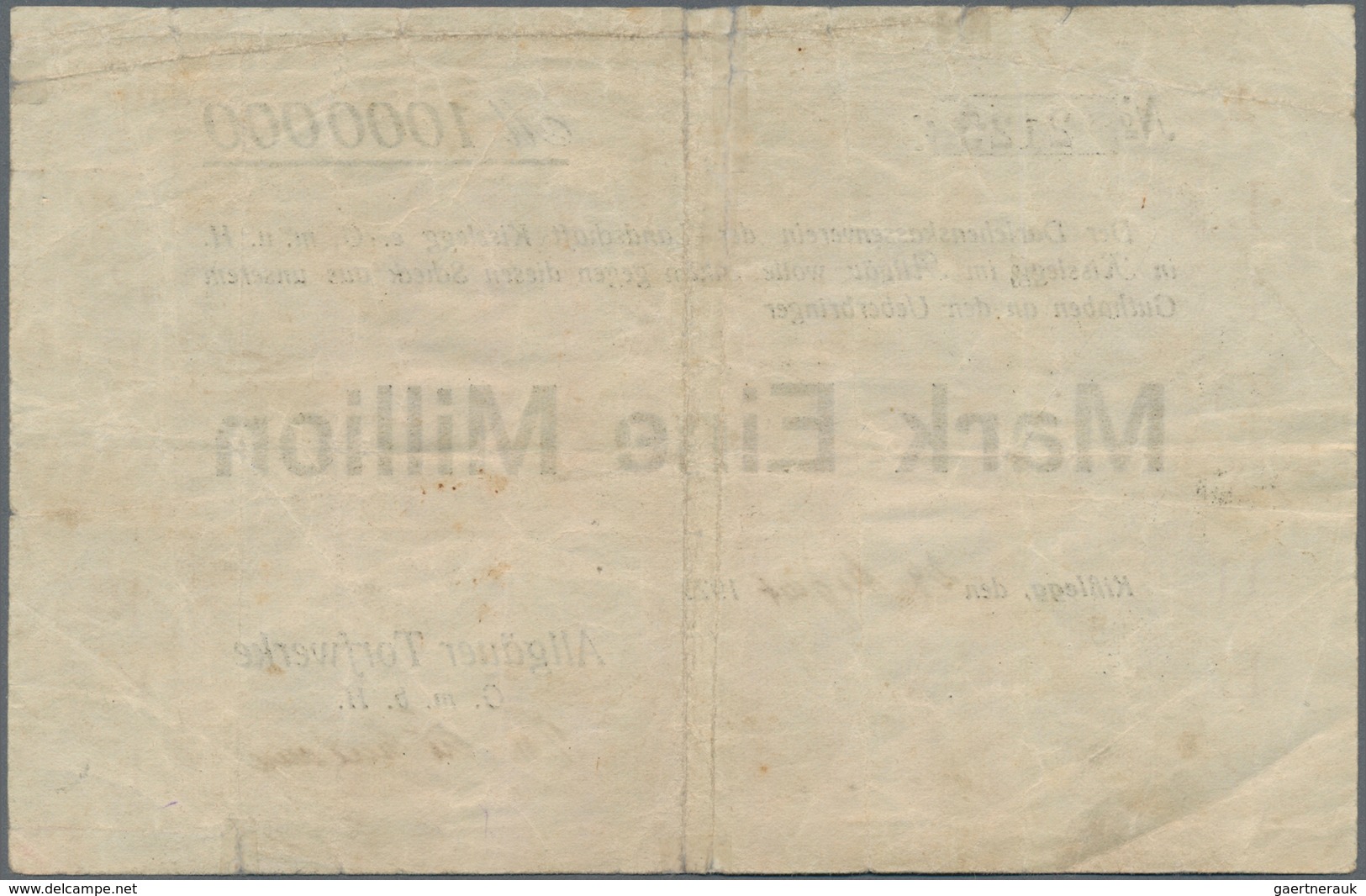 Deutschland - Notgeld - Württemberg: Kißlegg, Allgäuer Torfwerke, 1 Mio. Mark, 24.8.1923, Erh. IV - Lokale Ausgaben
