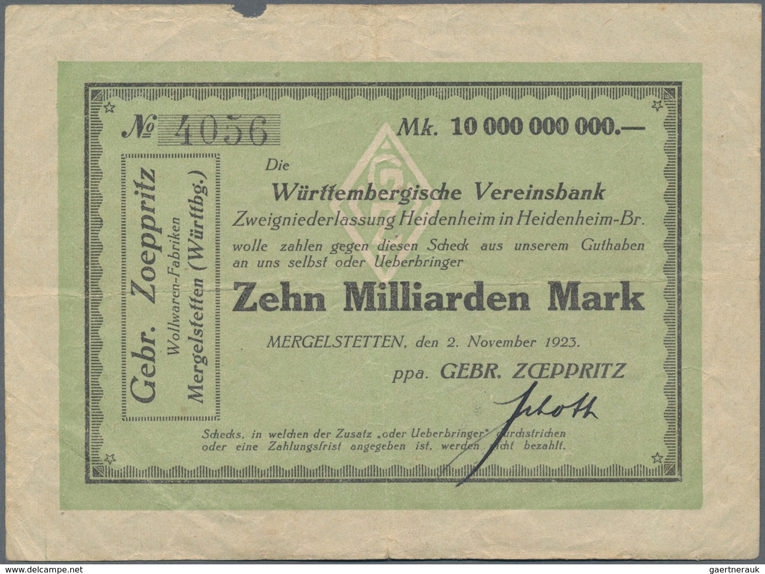Deutschland - Notgeld - Württemberg: Mergelstetten, Gebr. Zoeppritz, 10 Mrd. Mark, 2.11.1923, Von Gr - [11] Lokale Uitgaven