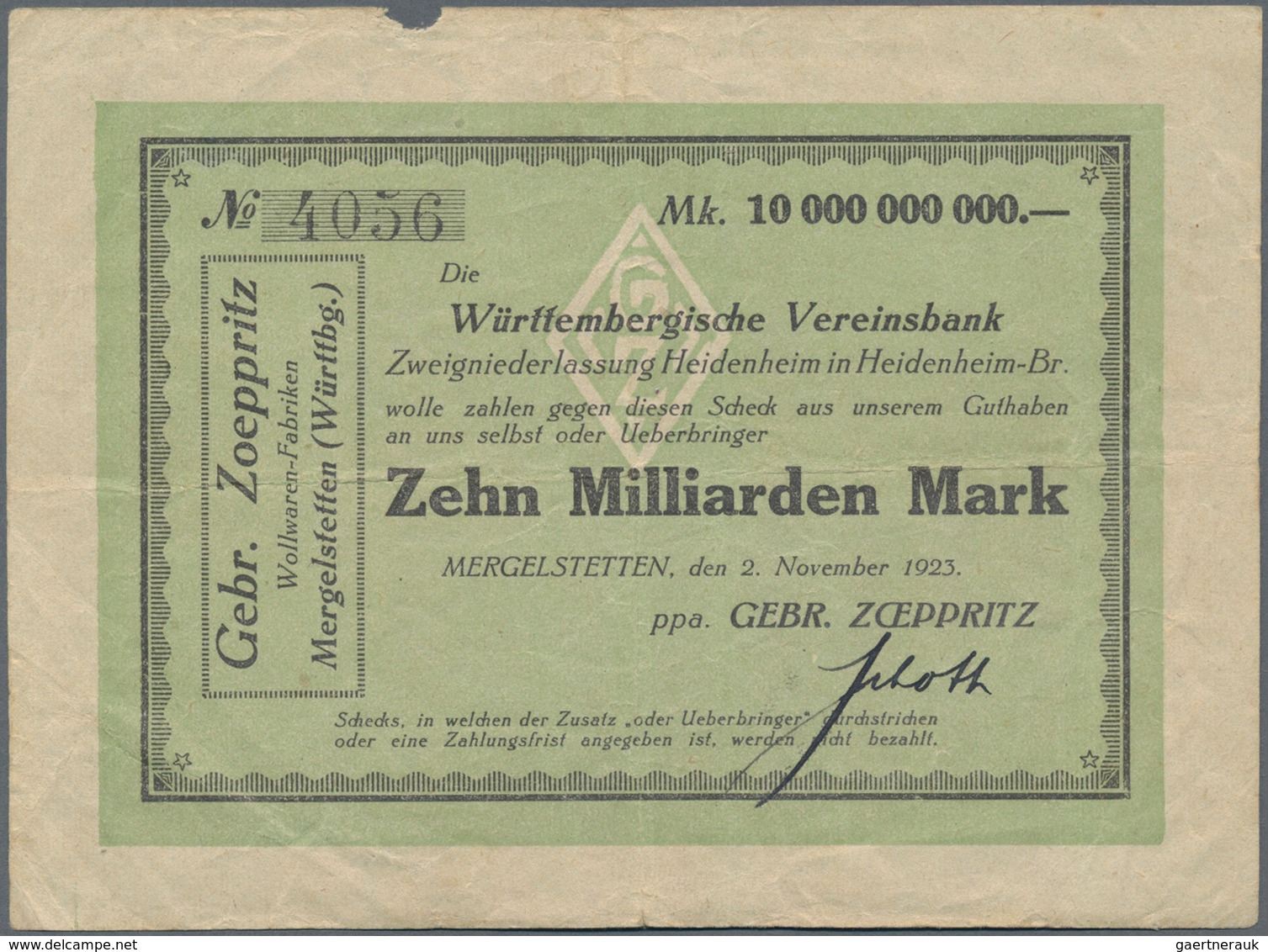 Deutschland - Notgeld - Württemberg: Mergelstetten, Gebr. Zoeppritz, 10 Mrd. Mark, 2.11.1923, Von Gr - [11] Emisiones Locales