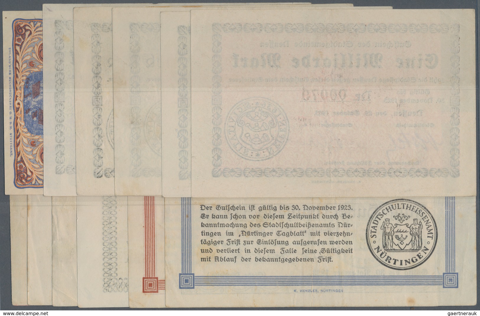 Deutschland - Notgeld - Württemberg: Nürtingen, Stadt, 50 Pf.(2, KN Rot Und Schwarz, 1918 Bzw. 1920) - Lokale Ausgaben