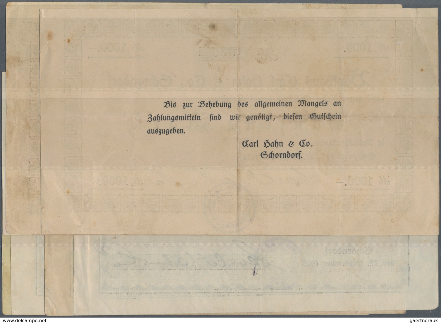 Deutschland - Notgeld - Württemberg: Schorndorf, Stadt, 1 Mio. Mark, 1.9.1923; Bankhaus Carl Hahn, 1 - [11] Emisiones Locales