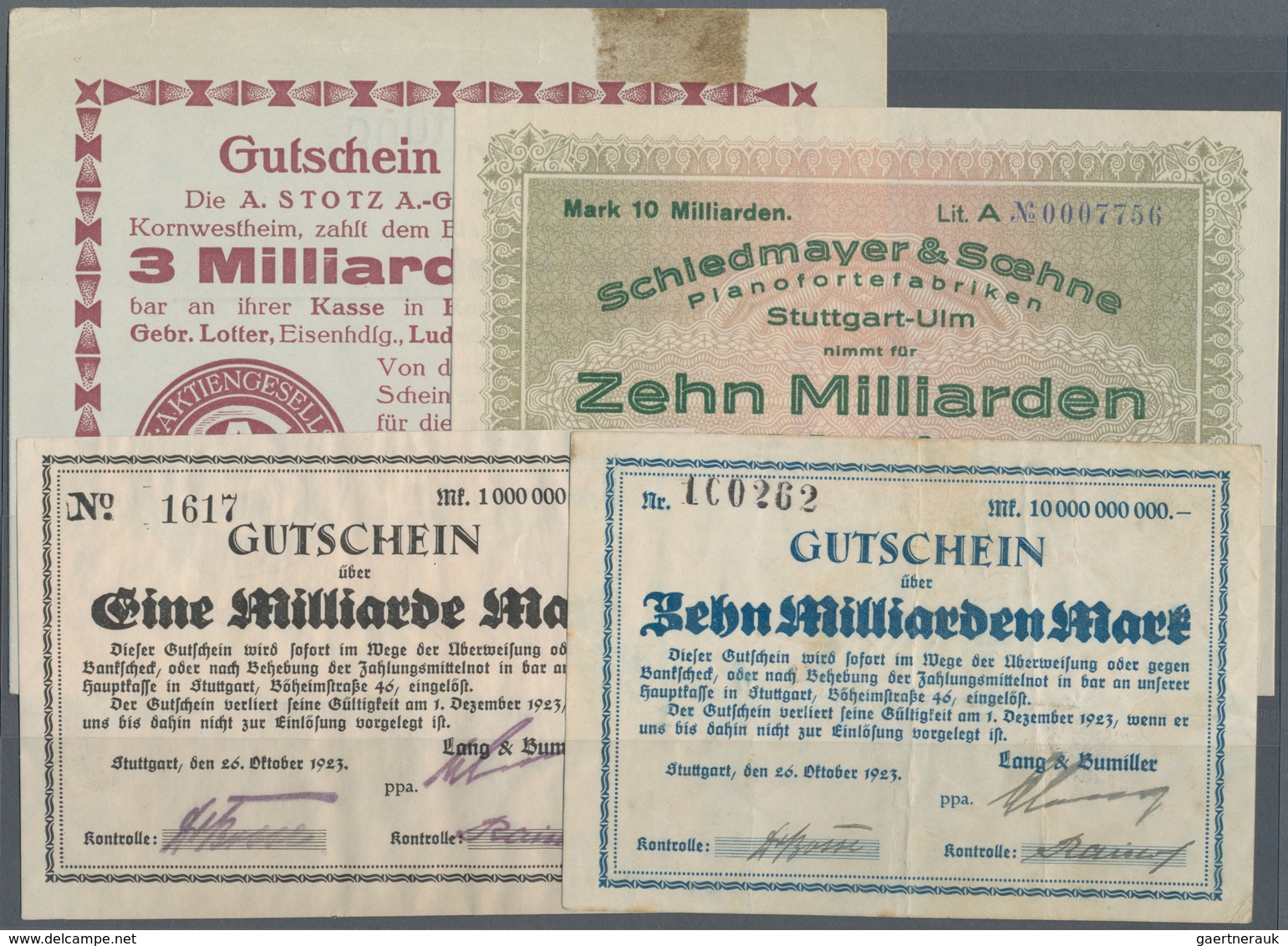 Deutschland - Notgeld - Württemberg: Stuttgart, Lang & Bumiller, 1, 10 Mrd. Mark, Erh. III; A. Stotz - Lokale Ausgaben