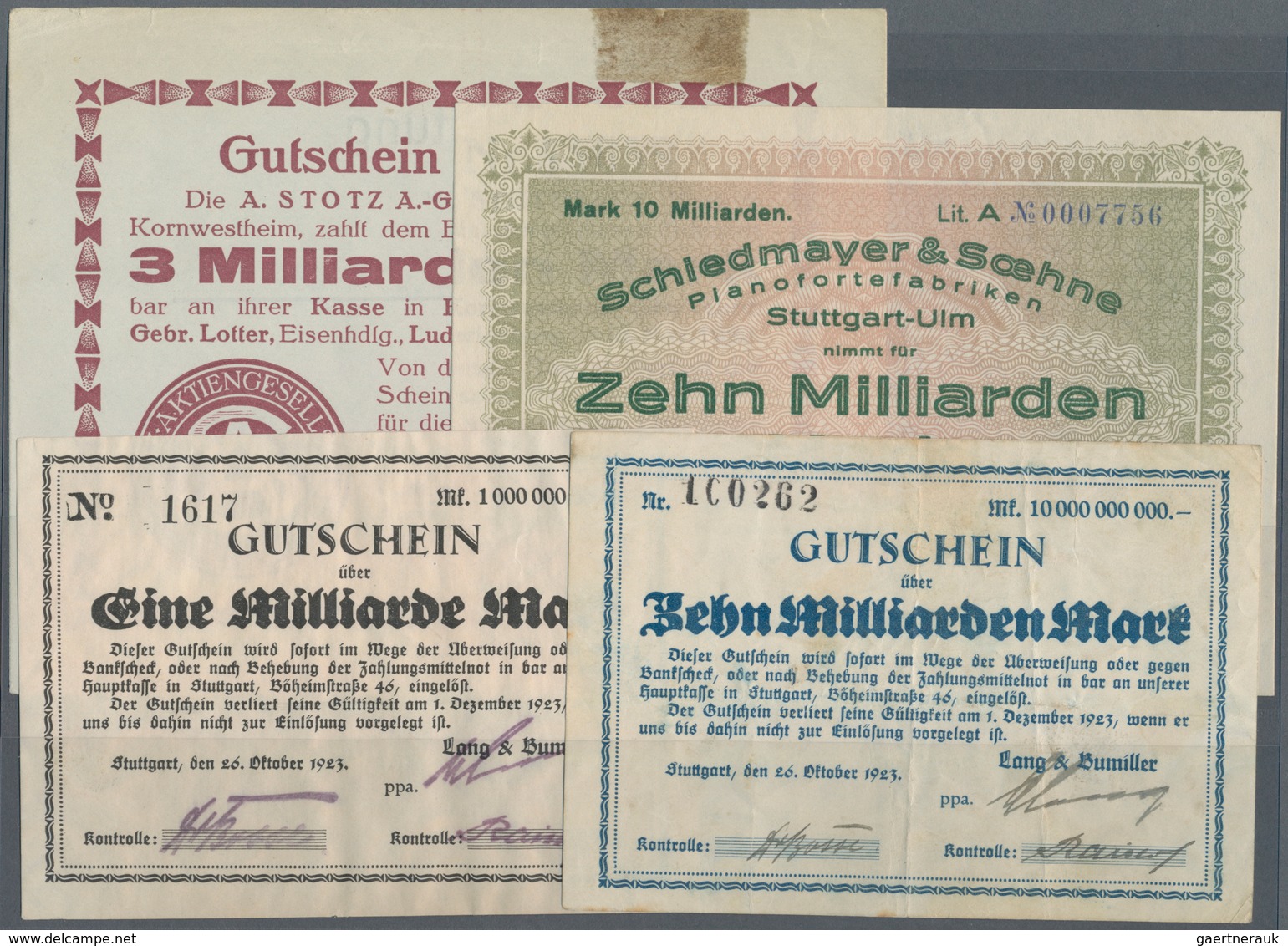 Deutschland - Notgeld - Württemberg: Stuttgart, Lang & Bumiller, 1, 10 Mrd. Mark, Erh. III; A. Stotz - [11] Emisiones Locales