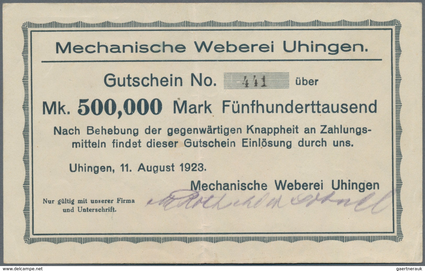 Deutschland - Notgeld - Württemberg: Uhingen, Mechanische Weberei, 500 Tsd. Mark, 11.8.1923, Erh. II - Lokale Ausgaben