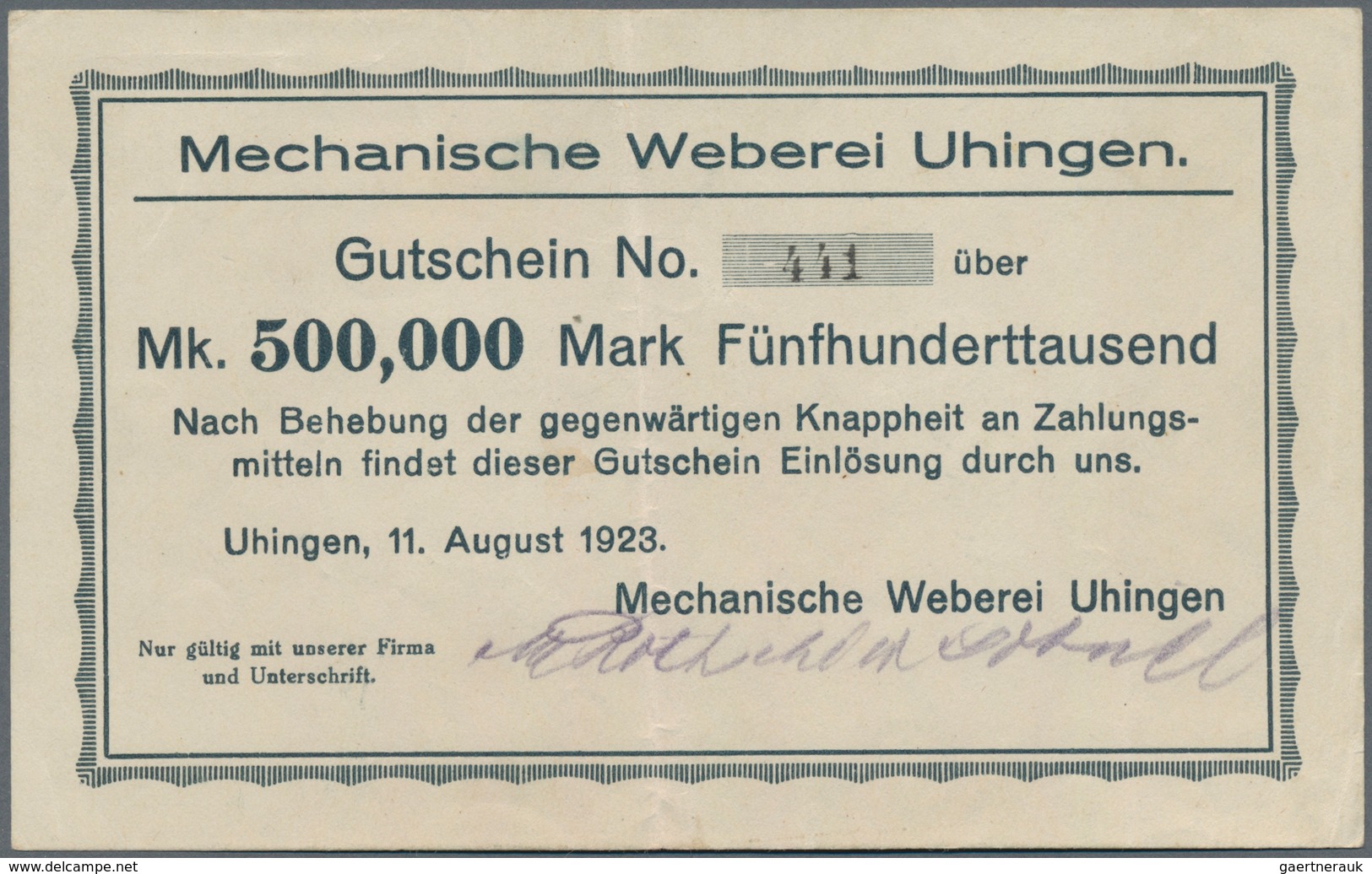 Deutschland - Notgeld - Württemberg: Uhingen, Mechanische Weberei, 500 Tsd. Mark, 11.8.1923, Erh. II - [11] Emisiones Locales