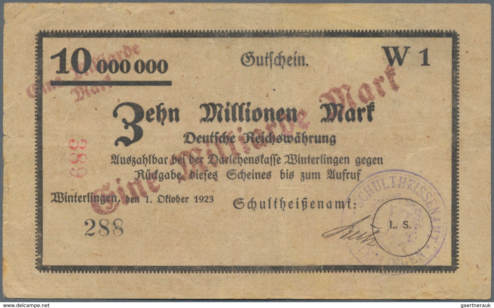 Deutschland - Notgeld - Württemberg: Winterlingen, Schultheißenamt, 2 X 1 Mrd. Mark, O. D., Überdruc - [11] Emisiones Locales