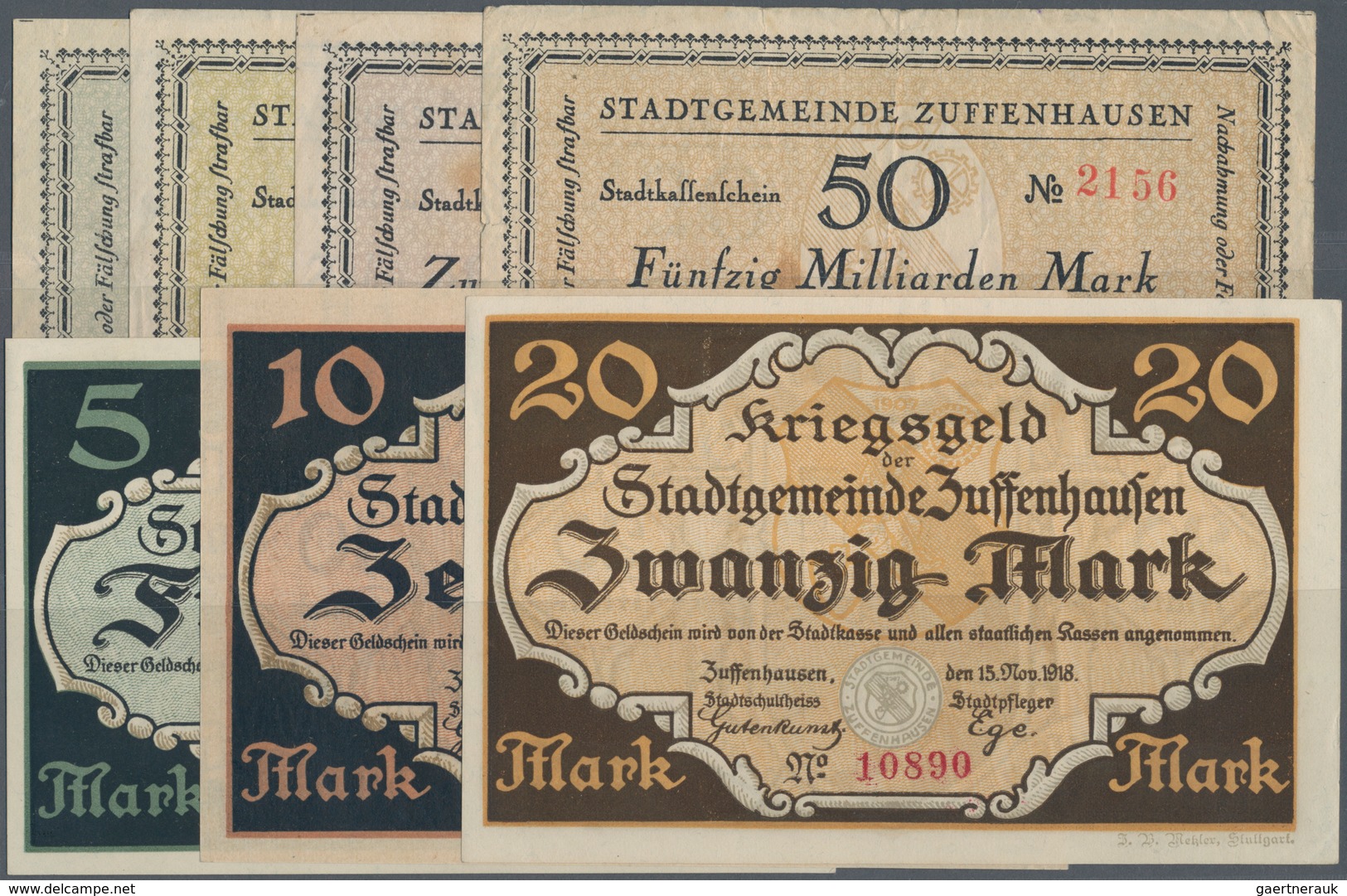 Deutschland - Notgeld - Württemberg: Zuffenhausen, Stadt, 5, 10, 20 Mark, 15.11.1918, Erh. I; 5, 10, - Lokale Ausgaben