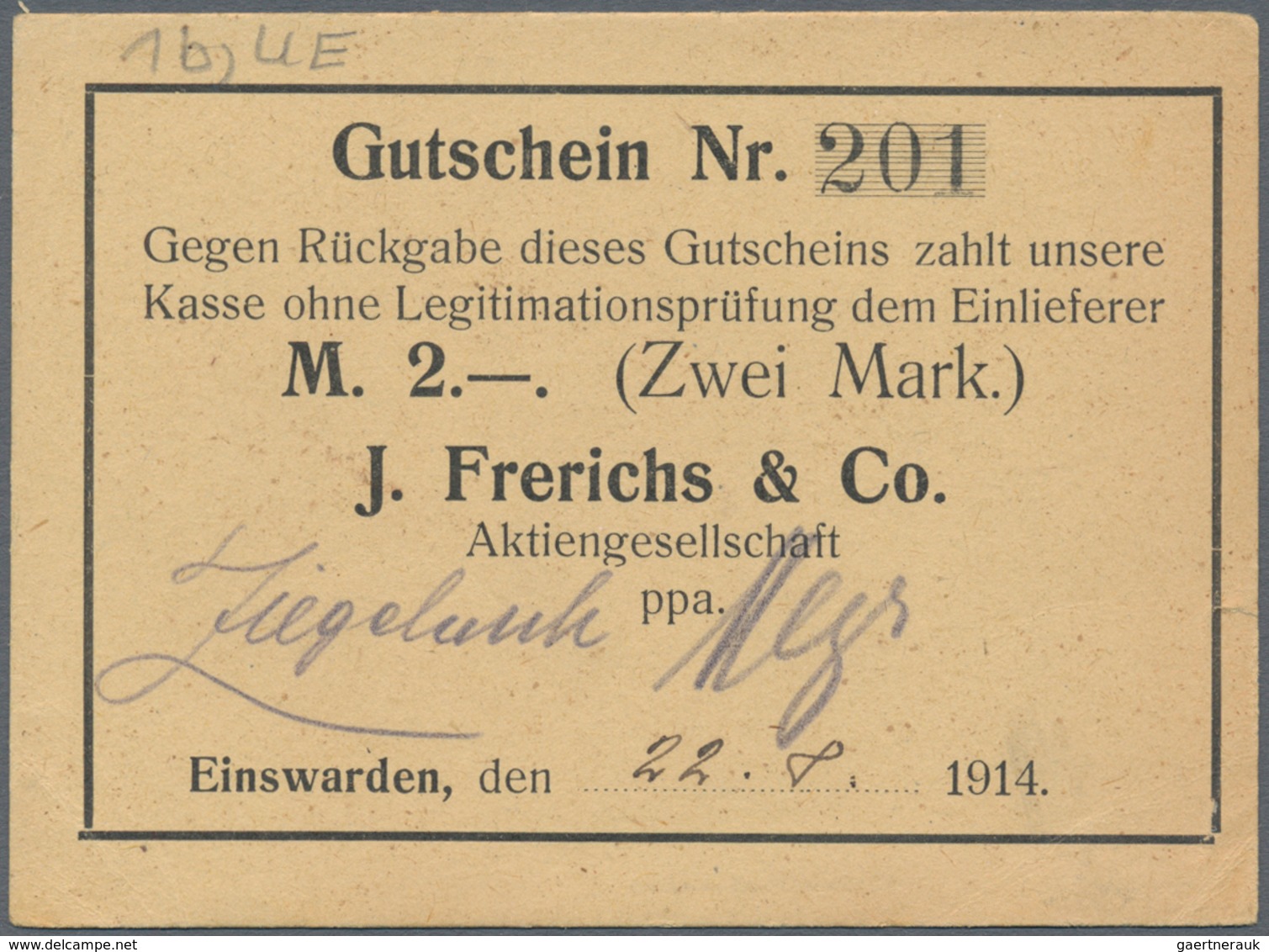 Deutschland - Notgeld - Niedersachsen: Einswarden, J. Frerichs & Co. Aktiengesellschaft, 1 (2), 2 (3 - [11] Lokale Uitgaven