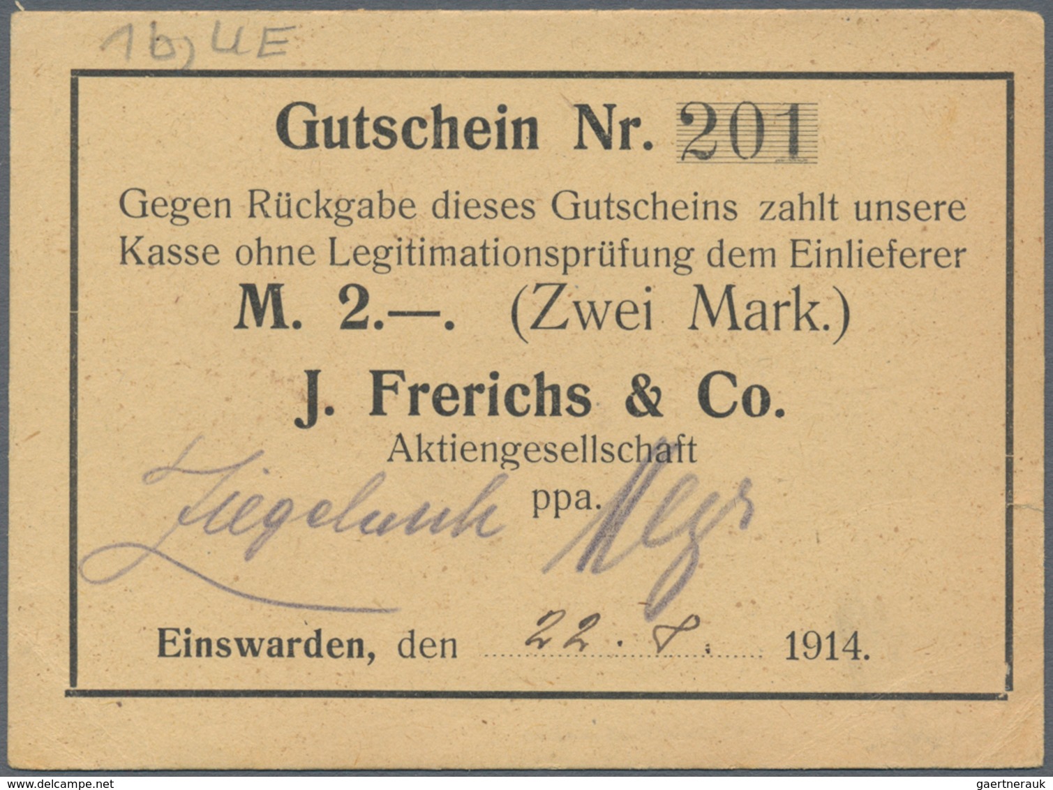 Deutschland - Notgeld - Niedersachsen: Einswarden, J. Frerichs & Co. Aktiengesellschaft, 1 (2), 2 (3 - [11] Local Banknote Issues