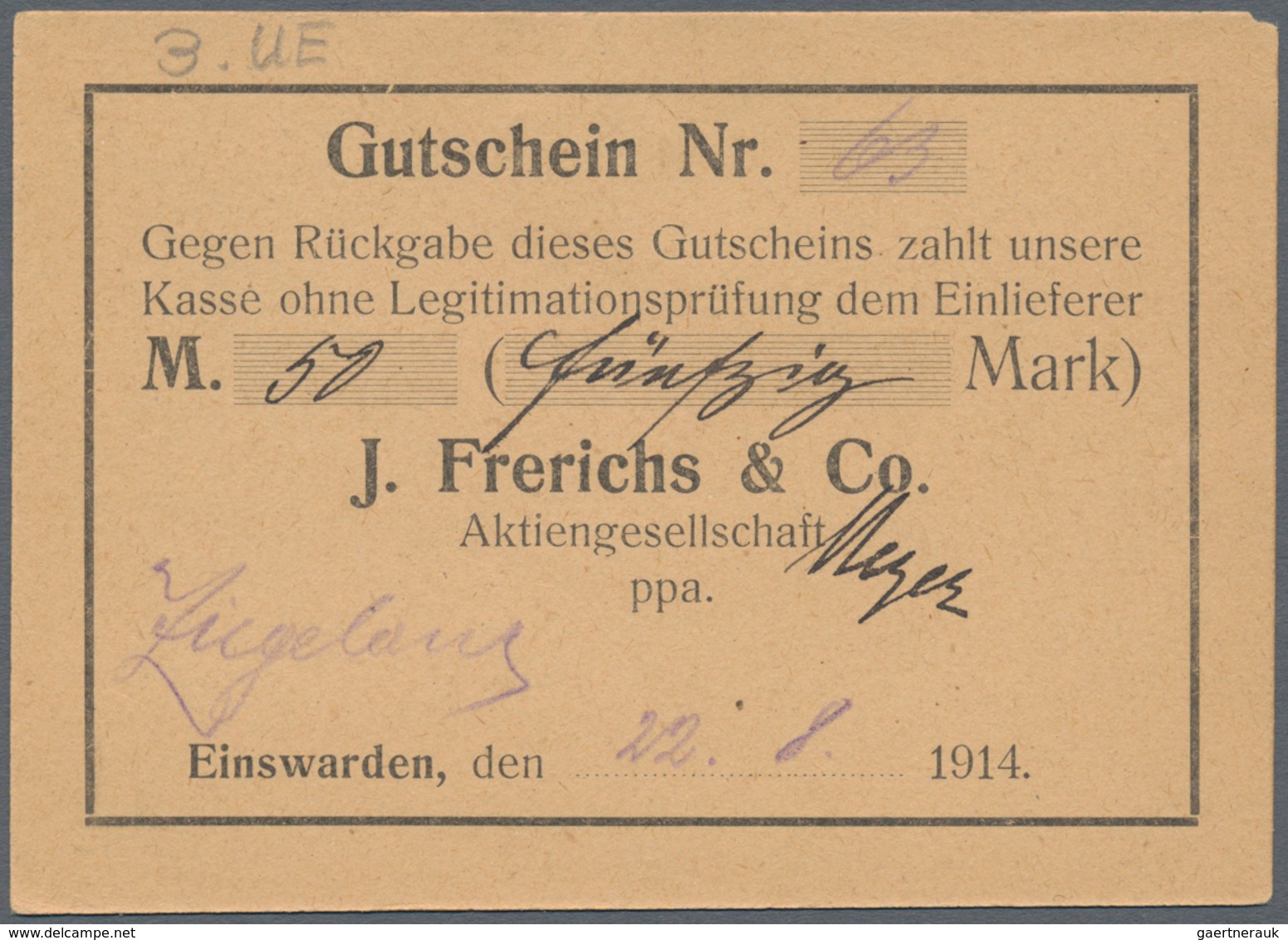 Deutschland - Notgeld - Niedersachsen: Einswarden, J. Frerichs & Co. Aktiengesellschaft, 1 (2), 2 (3 - [11] Local Banknote Issues