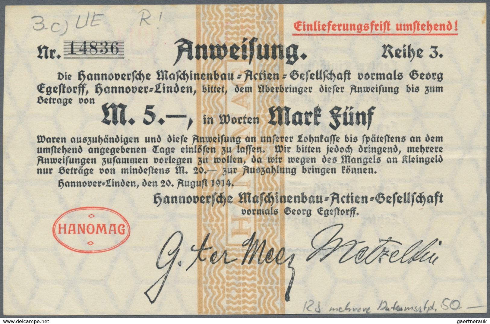 Deutschland - Notgeld - Niedersachsen: Hannover-Linden, HANOMAG A.G., 1 (7), 2 (8), 5 (10) Mark, 20. - [11] Local Banknote Issues