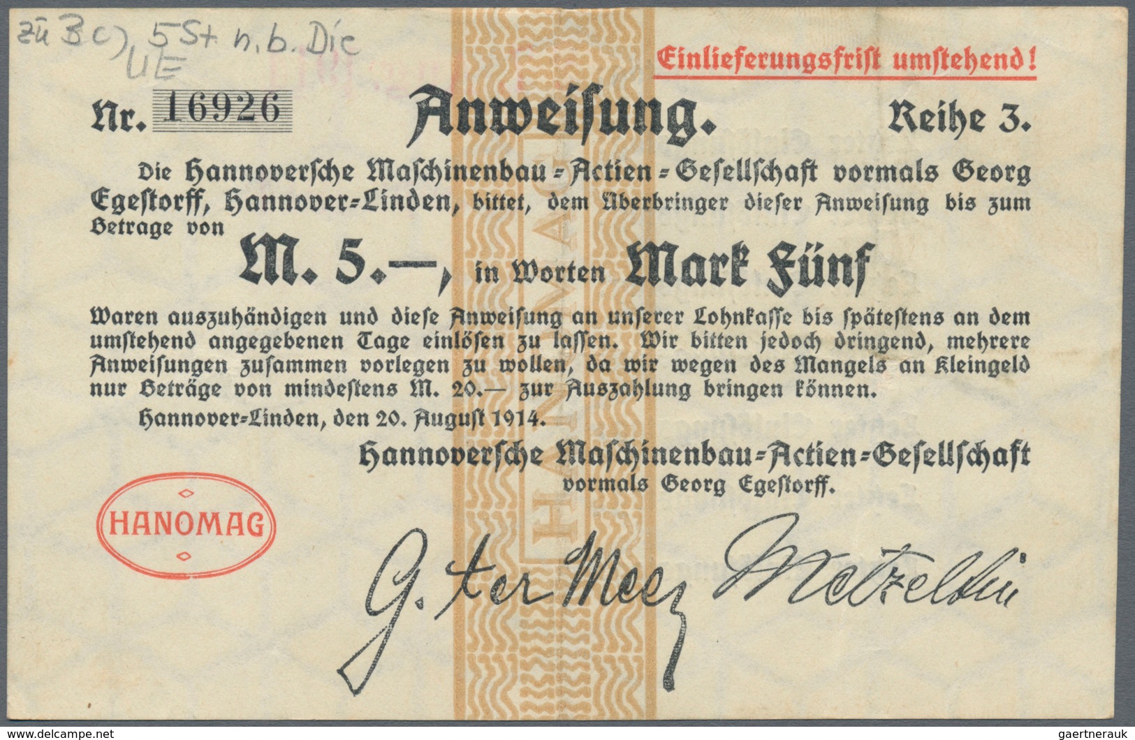 Deutschland - Notgeld - Niedersachsen: Hannover-Linden, HANOMAG A.G., 1 (7), 2 (8), 5 (10) Mark, 20. - [11] Local Banknote Issues