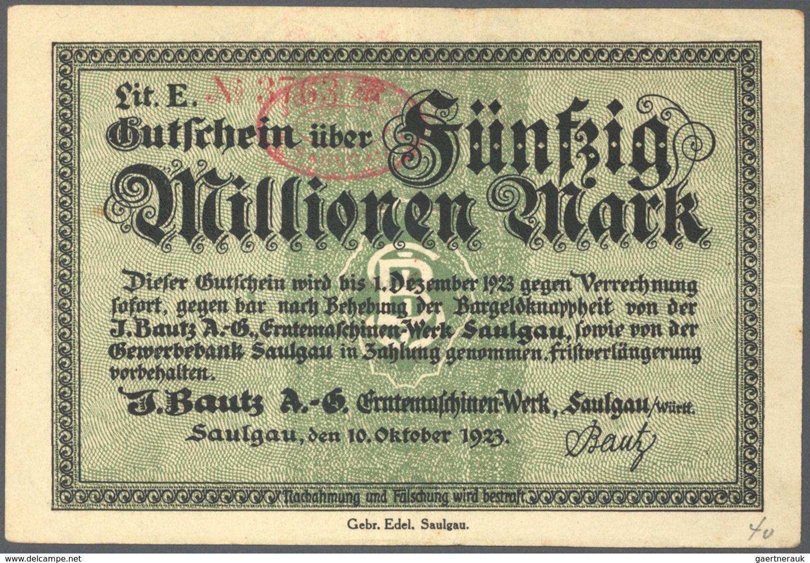 Deutschland - Notgeld - Württemberg: Saulgau, Amtskörperschaft, ½, 1, 5, 10, 20, 50 Mio., 5, 10, 50, - [11] Lokale Uitgaven