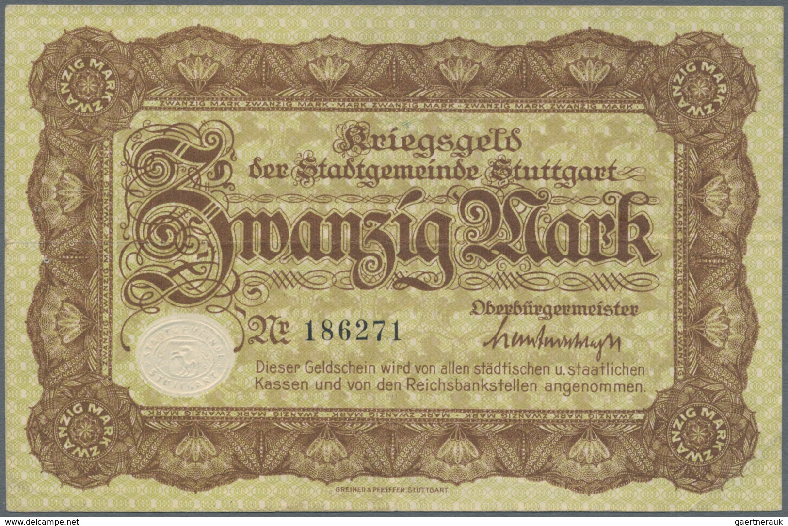 Deutschland - Notgeld - Württemberg: Stuttgart, Stadt, 6 X 50 Pf., 5, 20 Mark, 1918; 100, 2 X 500 Ma - Lokale Ausgaben