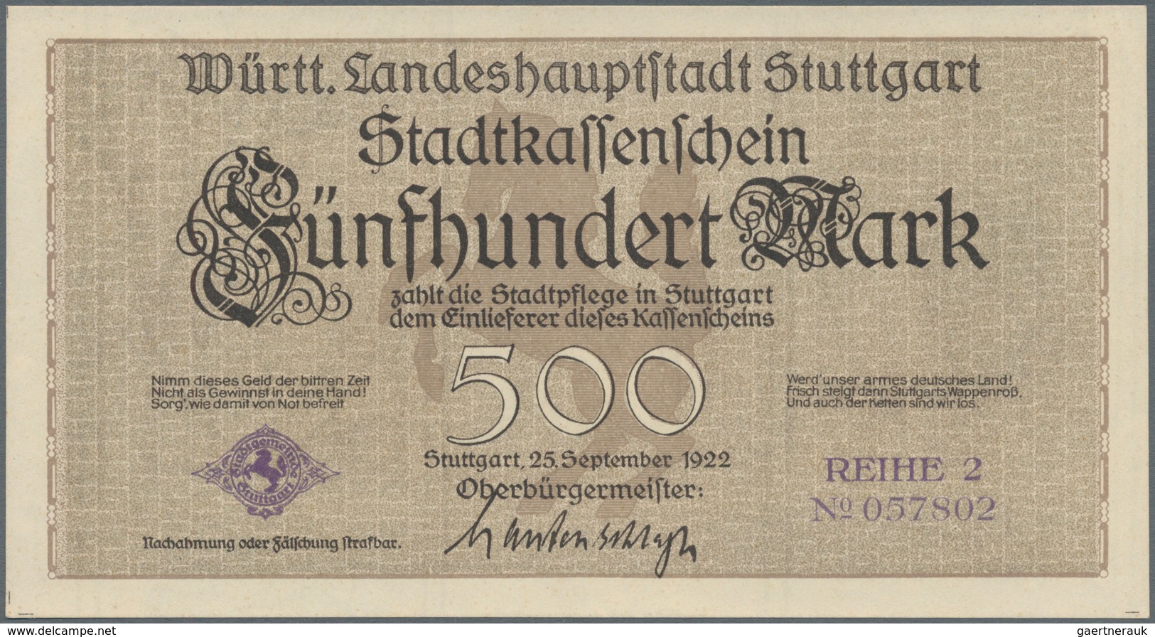 Deutschland - Notgeld - Württemberg: Stuttgart, Stadt, 6 X 50 Pf., 5, 20 Mark, 1918; 100, 2 X 500 Ma - [11] Lokale Uitgaven