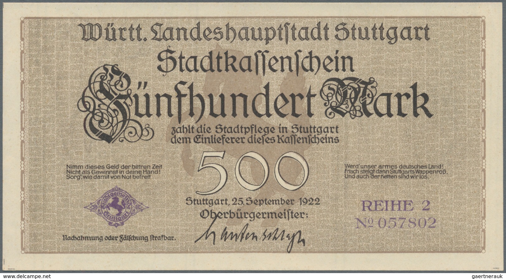 Deutschland - Notgeld - Württemberg: Stuttgart, Stadt, 6 X 50 Pf., 5, 20 Mark, 1918; 100, 2 X 500 Ma - [11] Emissions Locales