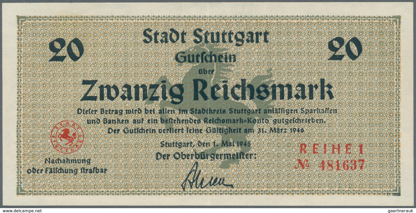 Deutschland - Notgeld - Württemberg: Stuttgart, Stadt, 6 X 50 Pf., 5, 20 Mark, 1918; 100, 2 X 500 Ma - Lokale Ausgaben