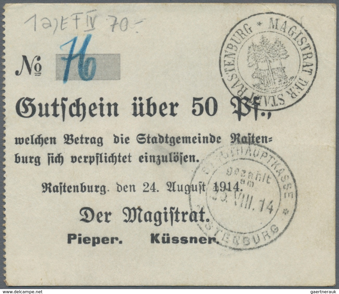 Deutschland - Notgeld - Ehemalige Ostgebiete: Rastenburg, Ostpreußen, Magistrat, 17 X 50 Pf., 7 X 1 - Autres & Non Classés