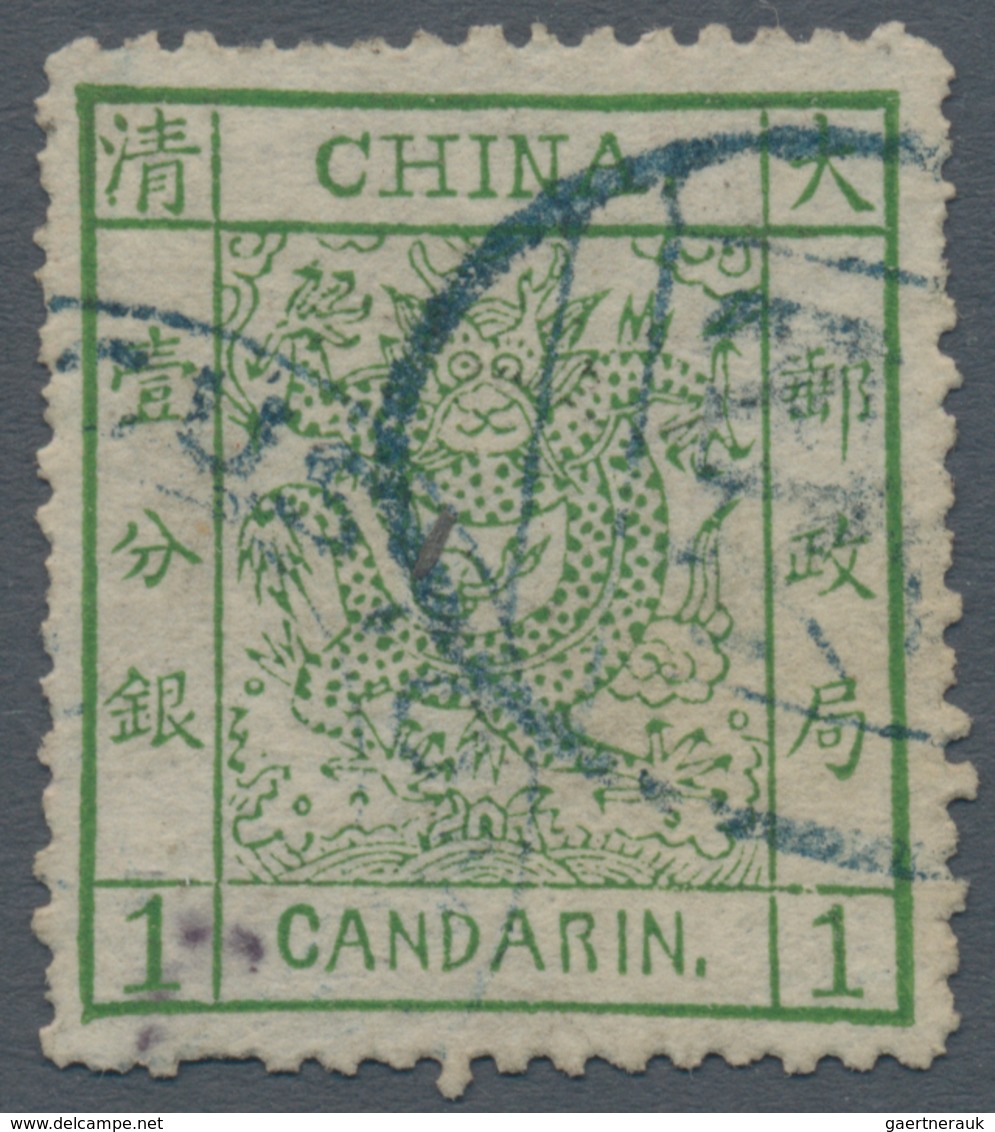 China: 1878, Large Dragon Thin Paper 1 Ca. Deep Green, Cliché 2, Fine Clear Impression, Used Blue Se - Other & Unclassified