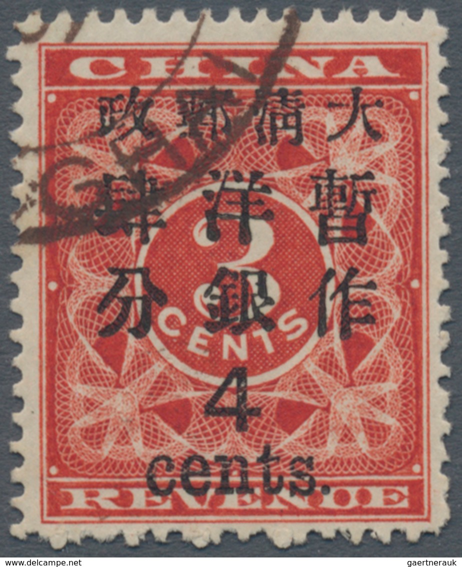 China: 1897, Red Revenue, Large 4/cents On 3 C., Light Surcharge, Canc. Large Dollar Of Shanghai In - Sonstige & Ohne Zuordnung