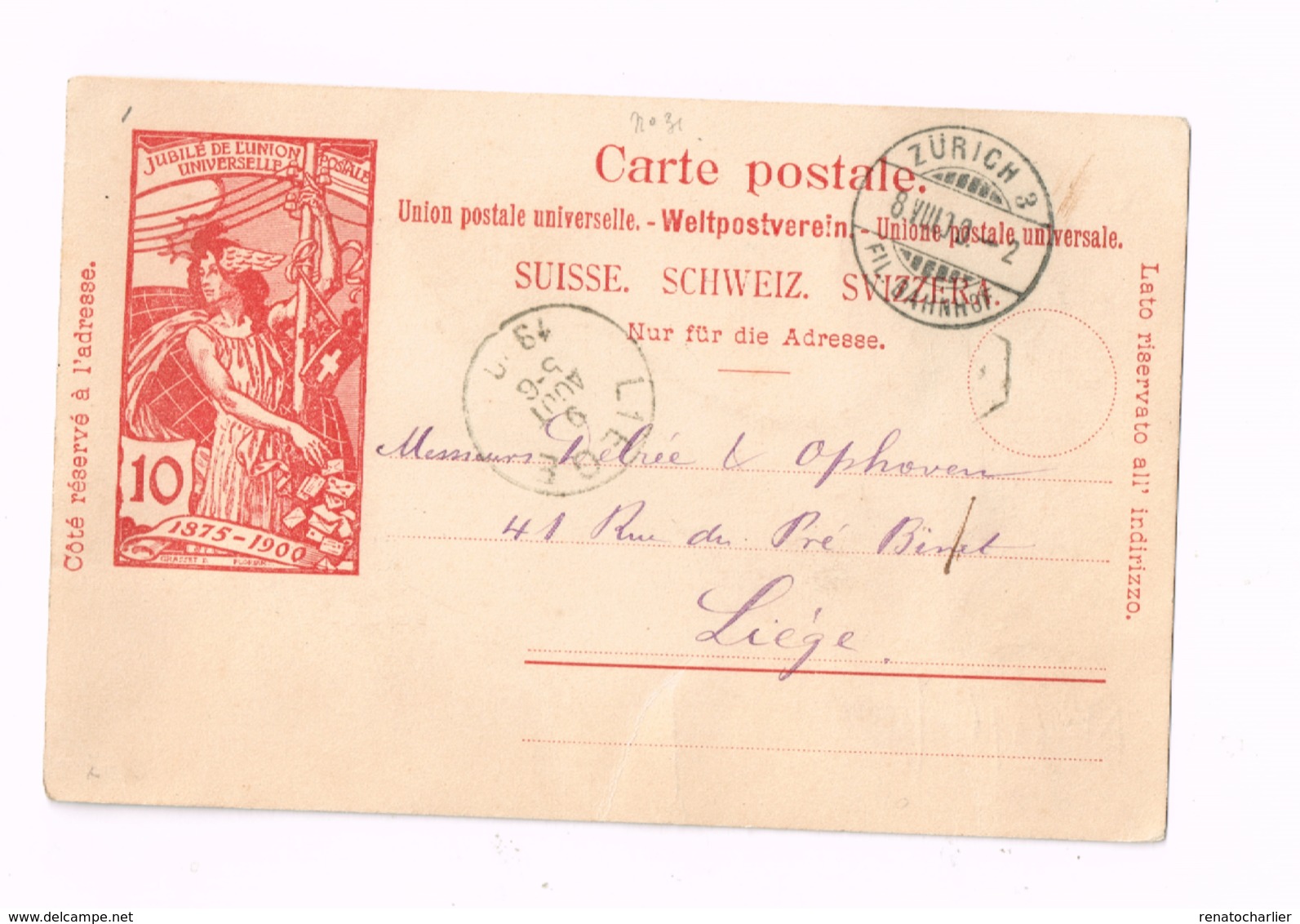 Entier Postal à 10 Centimes.Expédié De Zurich à Liège (Belgique) - Entiers Postaux