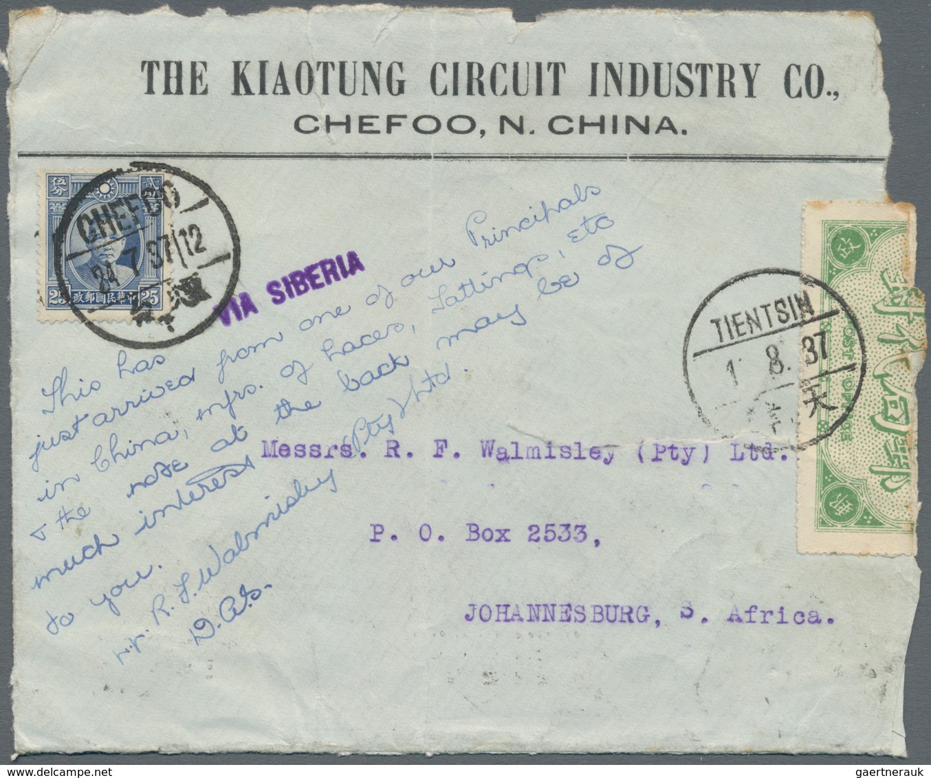 China: 1937, Sinojapanese War, Battle Of Tientsin And Head P.o. Circumstance: SYS 25 C. Tied "CHEFOO - Autres & Non Classés