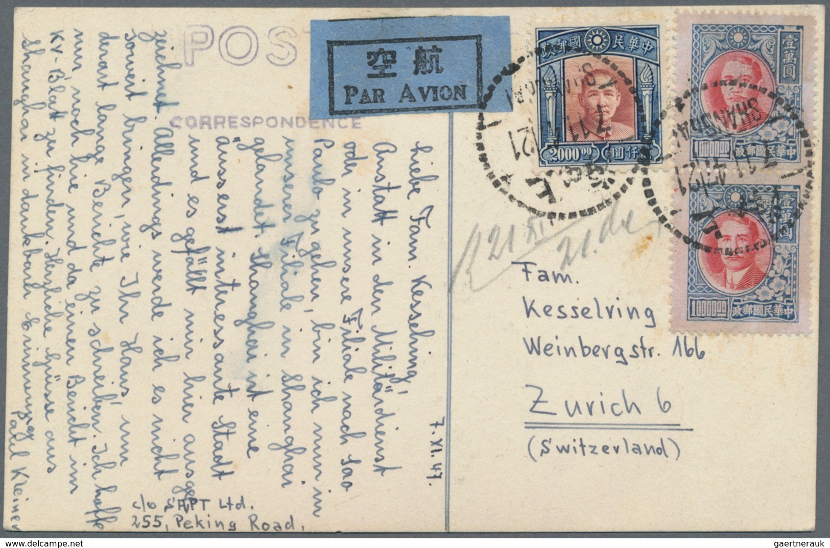 China: 1947, Two Airmail Items To Switzerland: AR Cover To Bern With SYS Plum Blossoms And Ppc To Zü - Sonstige & Ohne Zuordnung