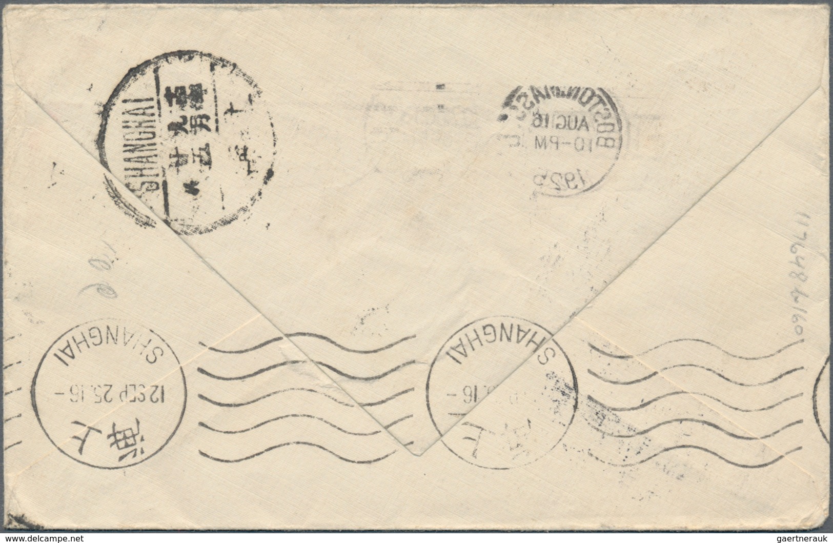 China - Portomarken: 1915, 4 C. Blue Strip-3 Tied "SHANGHAI 14.9.25" To Incoming Cover From Boston/U - Postage Due