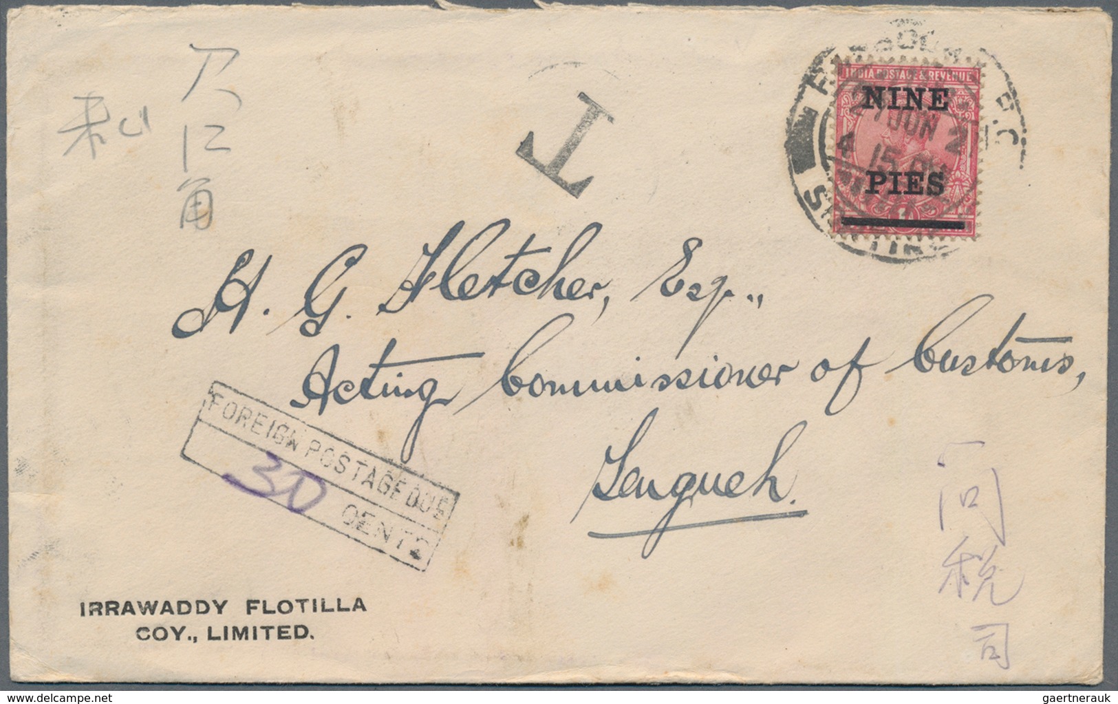 China - Portomarken: 1921. Envelope From The 'lrrawaddy Flotilla Co' Addressed To 'H.G. Fletcher, Ac - Postage Due