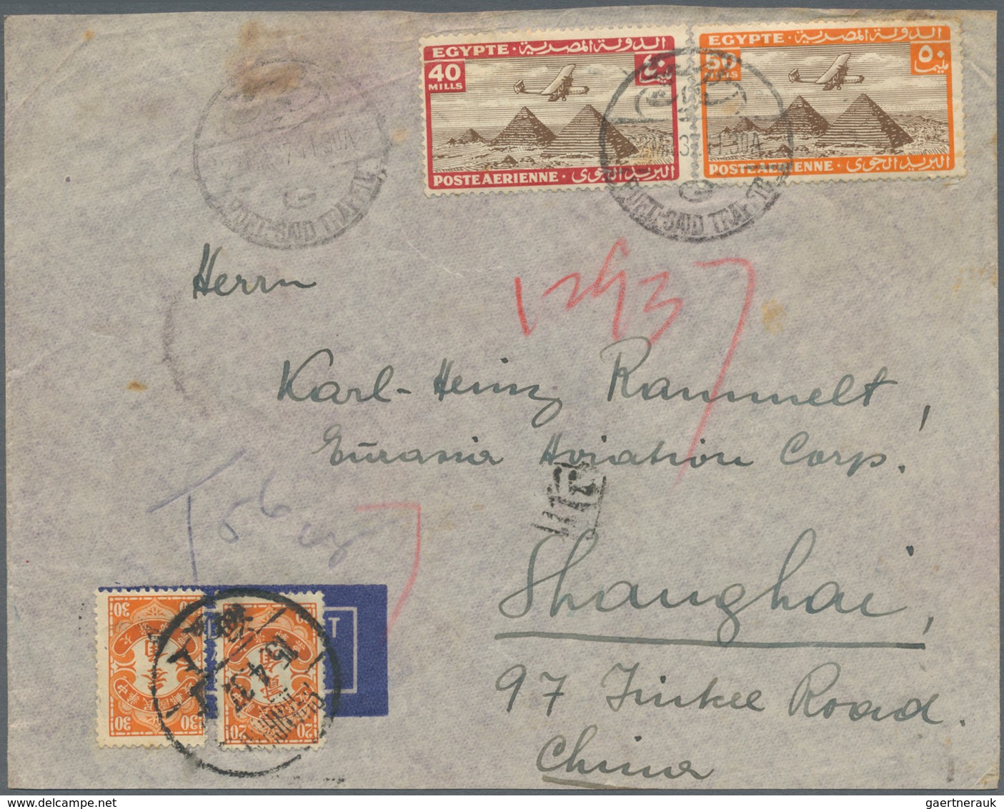 China - Portomarken: 1932, Top Values 20 C., 30 C. Tied "SHANGHAI 15.4.37" To Inbound Airmail Cover - Portomarken