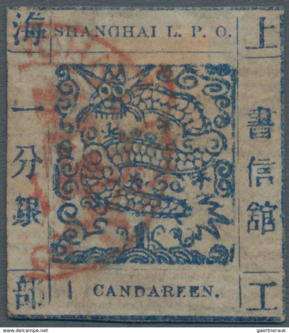 China - Shanghai: 1865, Large Dragon "Candareen" In The Singular, Non-seriff Digits, 1 Ca. Blue Laid - Sonstige & Ohne Zuordnung