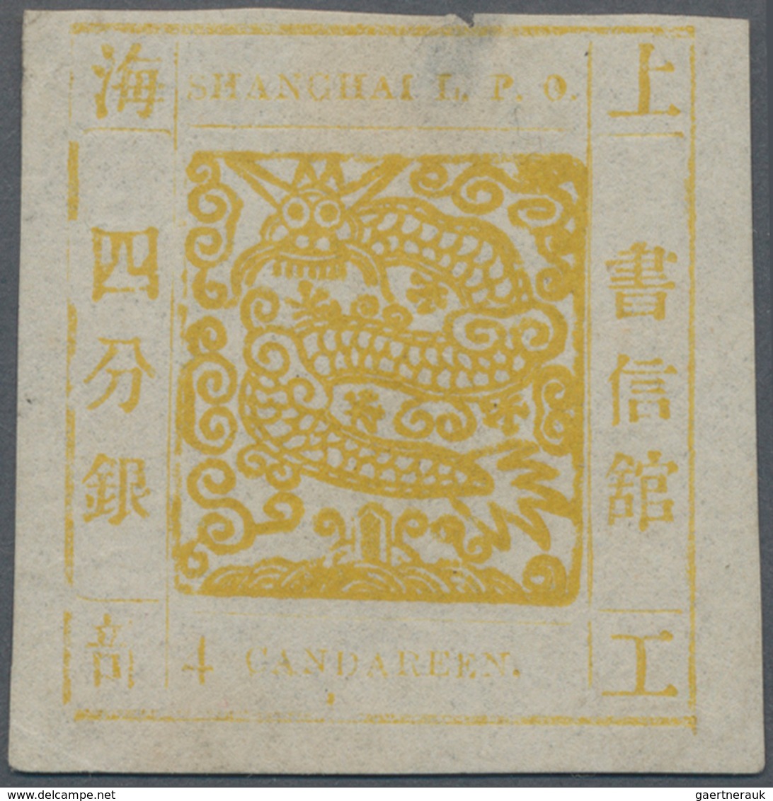 China - Shanghai: 1865, Large Dragon "Candareen" In The Singular, Non-seriff Digits, 4 Ca. Yellow On - Sonstige & Ohne Zuordnung