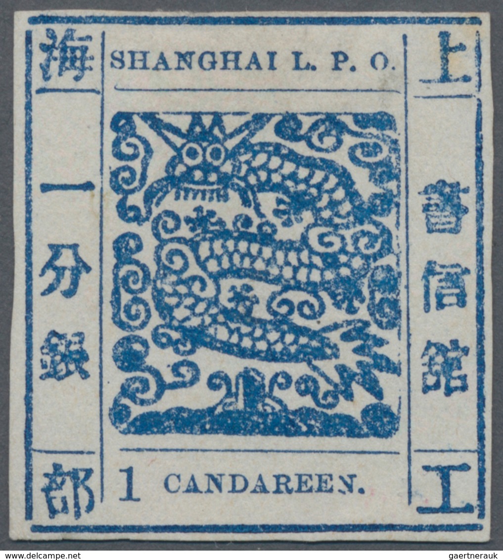 China - Shanghai: 1866, Large Dragon, "Candareen" In The Singular, Seriffed Digit, 1 Cand. Blue On W - Sonstige & Ohne Zuordnung