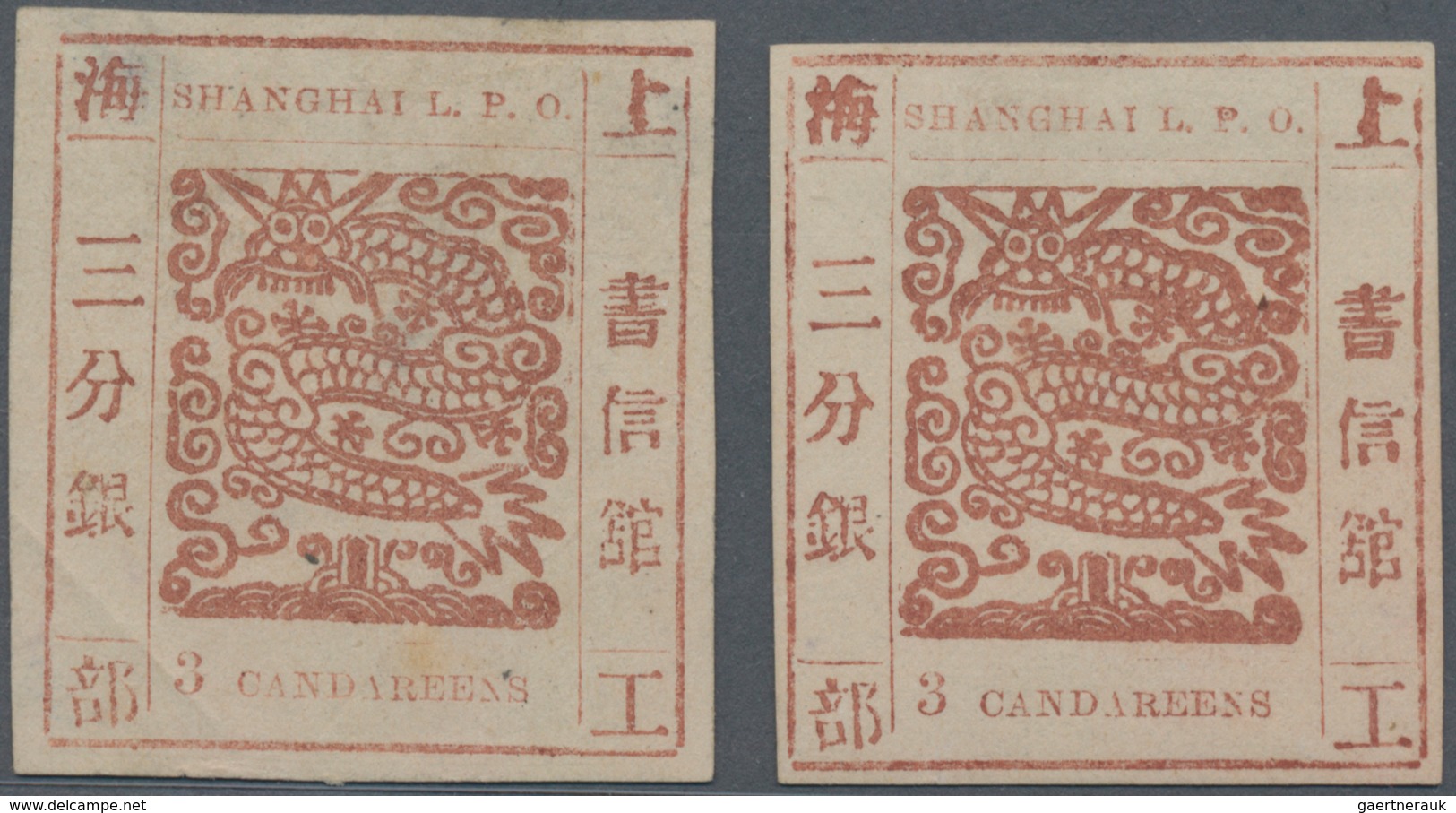 China - Shanghai: 1865, "Candareens." In The Plural, Two Singles Of 3 Cands. Light Red-brown On Thin - Sonstige & Ohne Zuordnung