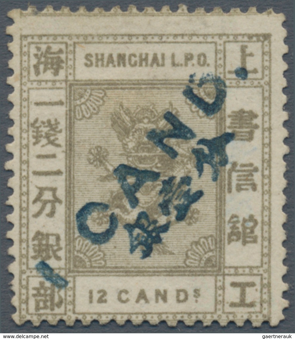 China - Shanghai: 1873/77, 1 Cand. In Blue On 12 Cand. Greyish Brown, Unused No Gum, Signed V. Vinck - Sonstige & Ohne Zuordnung