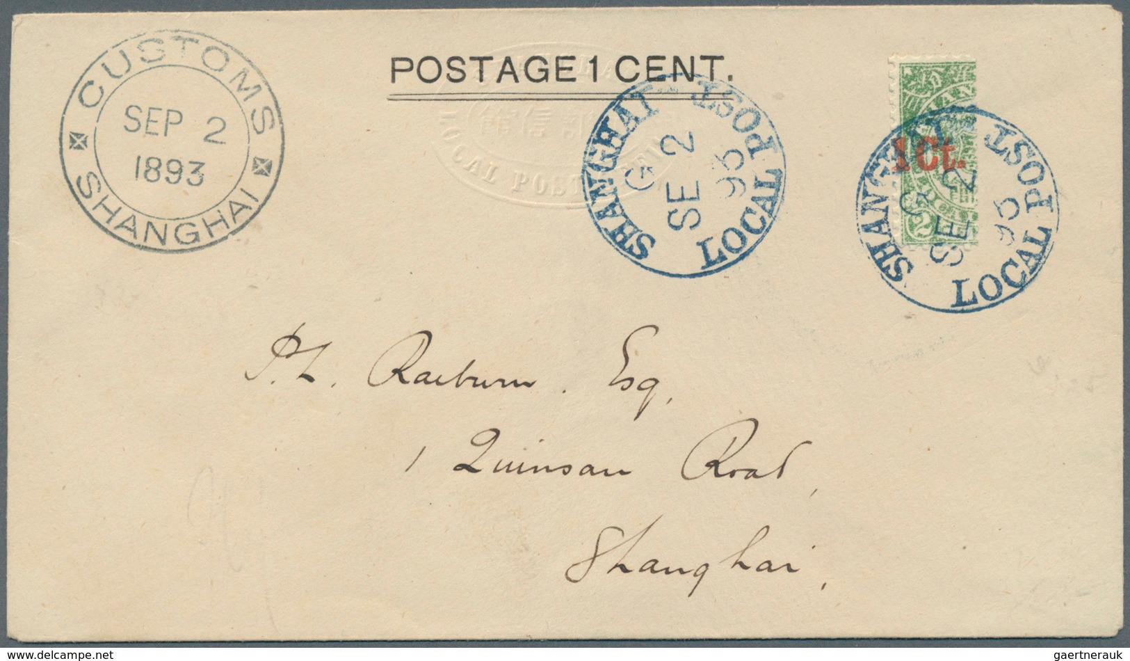 China - Shanghai: 1893. 'Postage 1 Cent' Stationery Envelope Bearing Surcharge In Vermilion 1ct On H - Sonstige & Ohne Zuordnung