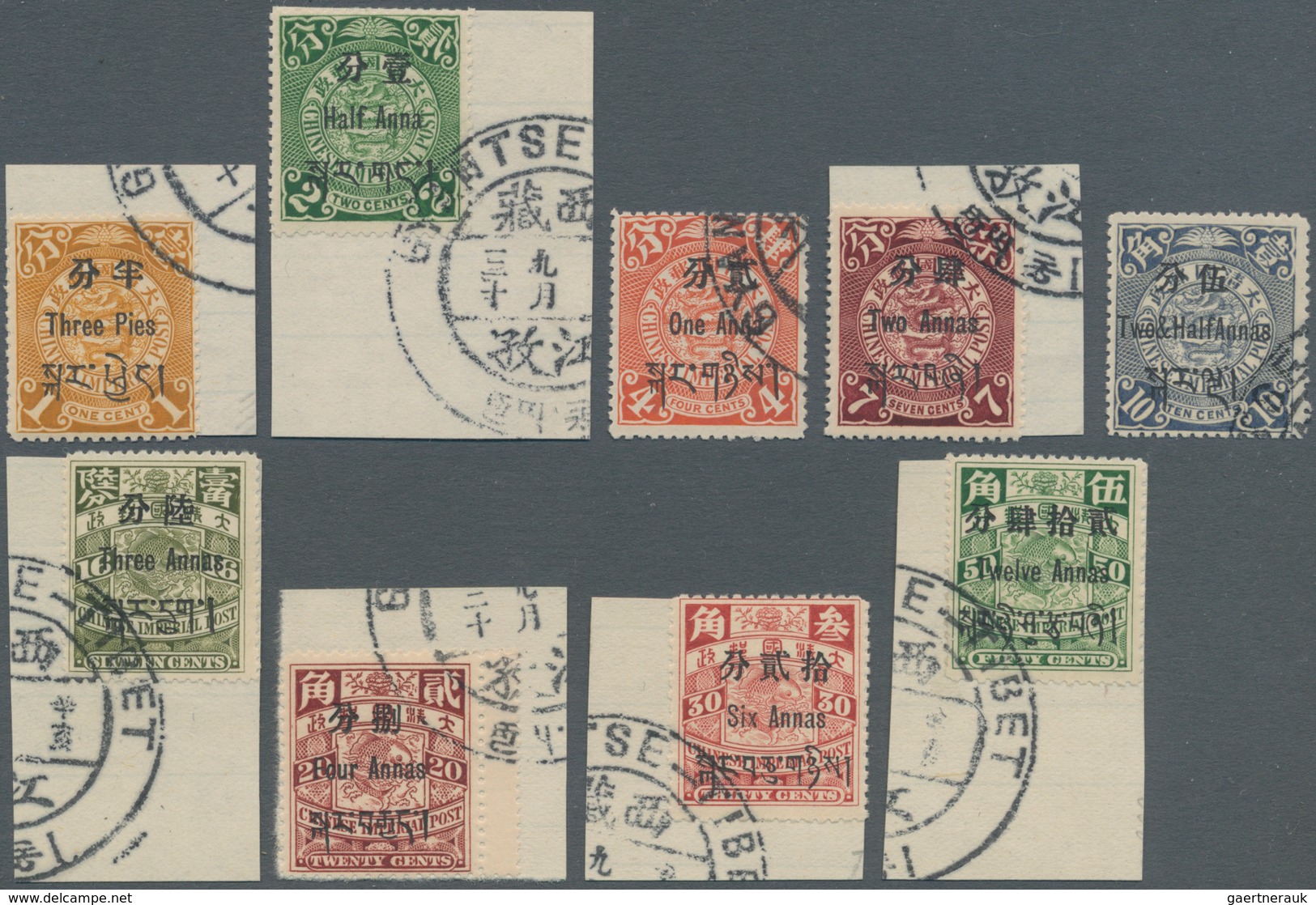 China - Provinzausgaben - Chinesische Post In Tibet (1911): 1911, Set 3 P./1 C. To 2 R./$2 Tied "GYA - Xinjiang 1915-49